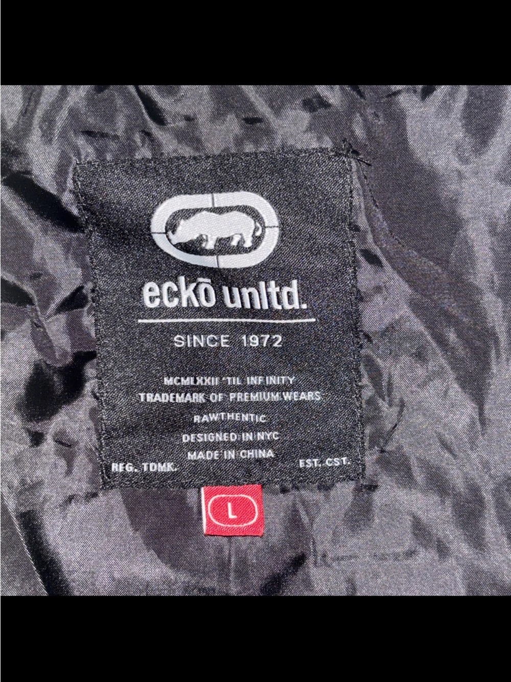 Ecko Unltd Rhino Hooded Zip Jacket Black Gray Stripe Cuffs Mens Y2K Streetwear - Picture 2 of 7